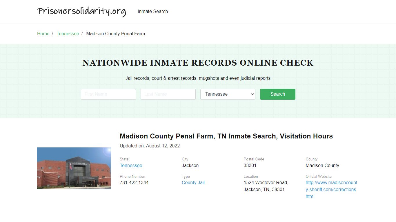 Madison County Penal Farm , TN Inmate Search, Visitation Hours