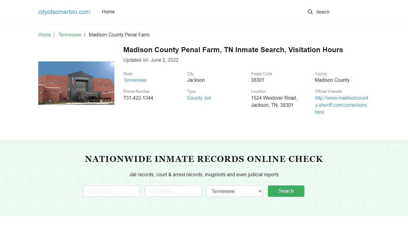 Madison County Penal Farm, TN Inmate Search, Visitation Hours